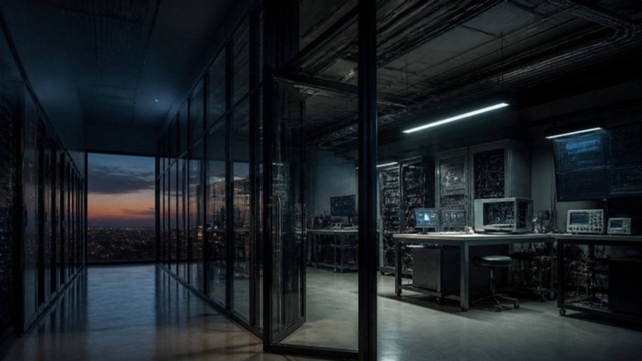 A glass-walled test laboratory with one open door onto a dim corridor of generic server racks, lit by a single cold light.