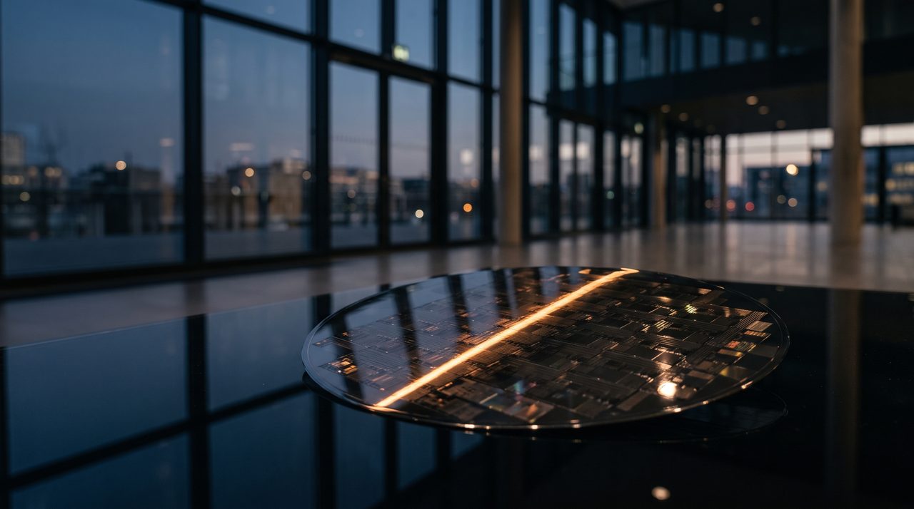 Imaginary scene: a single silicon wafer on a dark glass table with a thin amber line of light across it, empty hall behind.