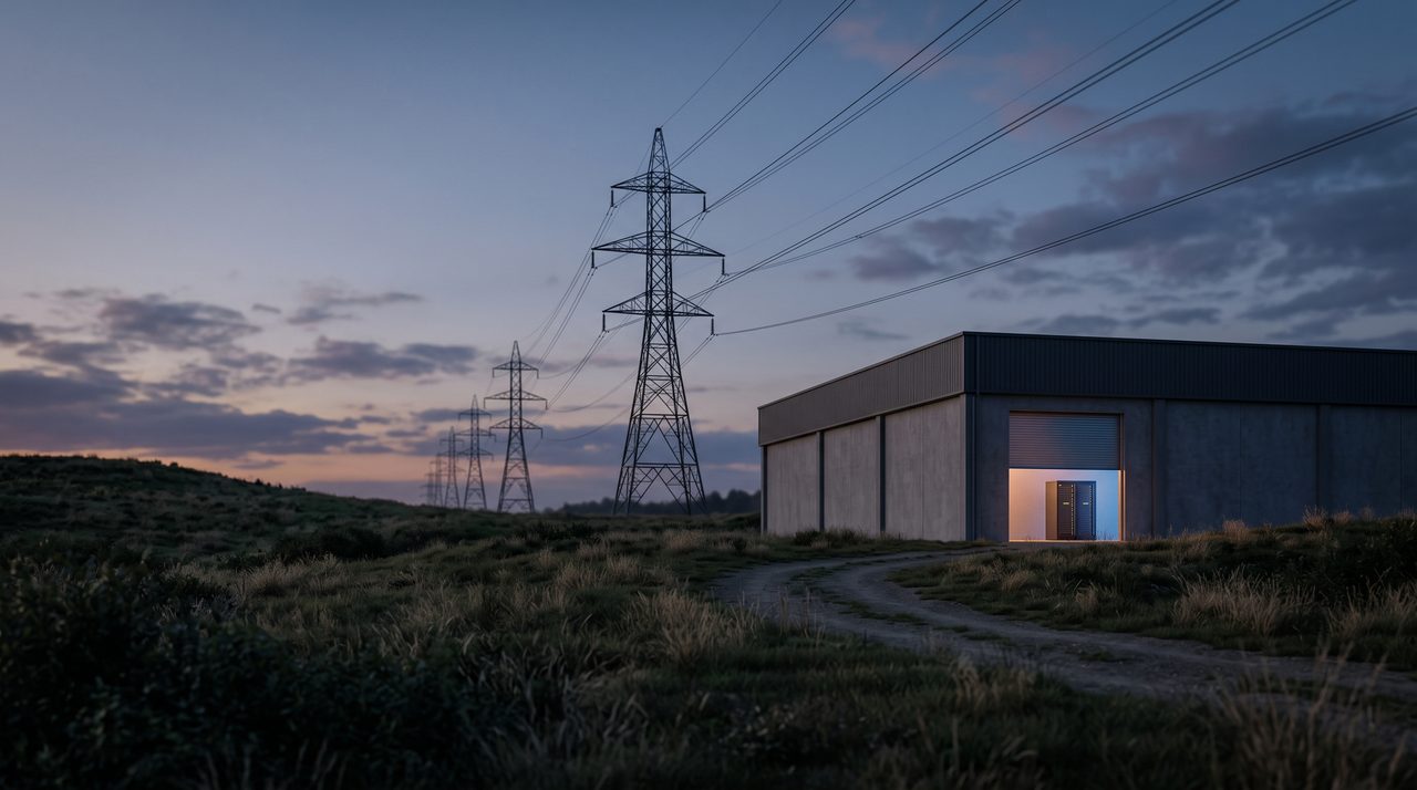 Imaginary dusk scene: power pylons lead to a windowless data hall with one glowing server rack visible through an open door.