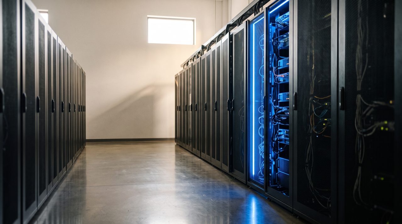 A quiet imaginary data-centre corridor with one glowing server rack and pale morning light from a high window.