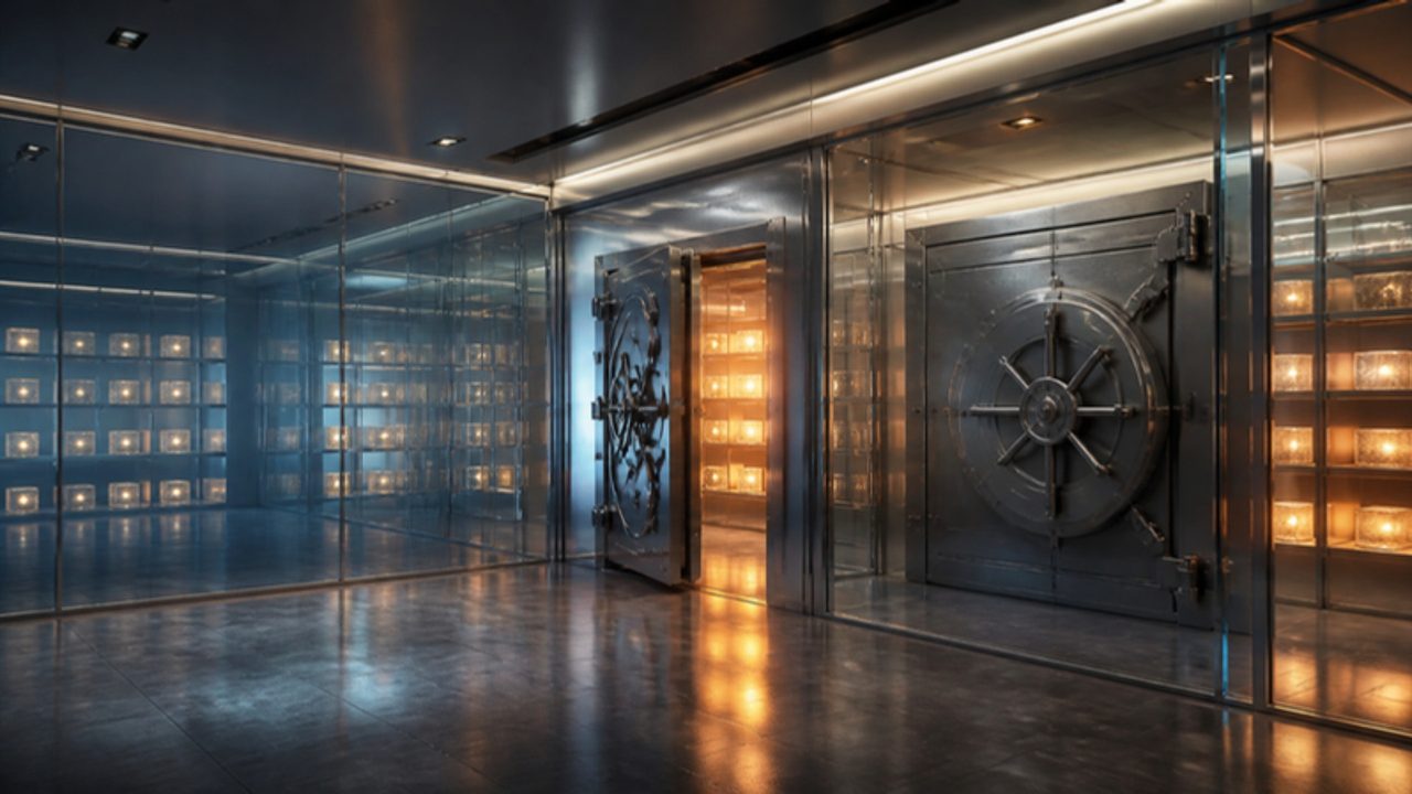 AI-generated illustration: an imaginary vault with one door ajar and one sealed, beside shelves of glowing cubes.