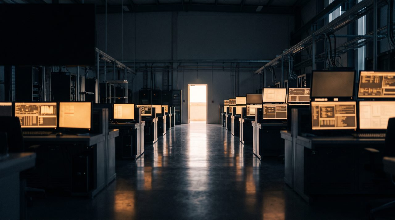 Imaginary dim control room with rows of glowing screens and one lit corridor leading to a bright doorway.