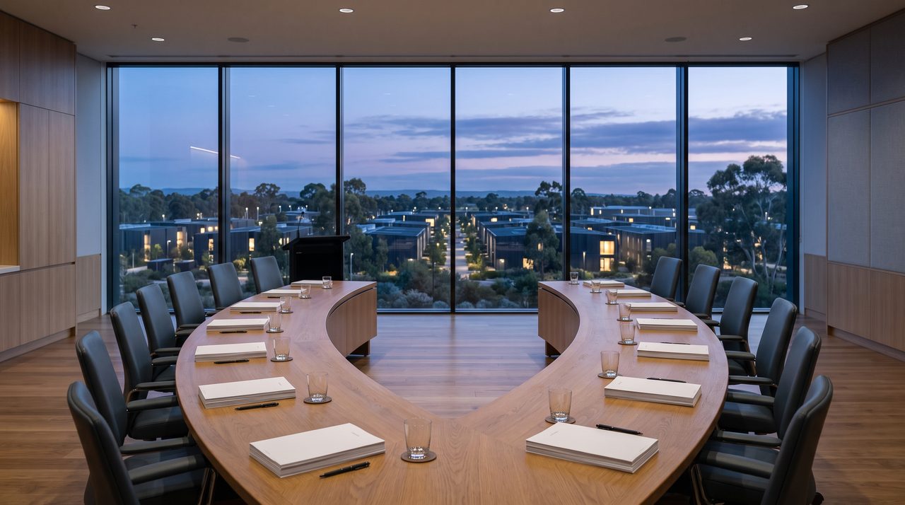 An empty curved committee table with papers, facing a window onto a softly lit, generic data-centre campus at dusk.
