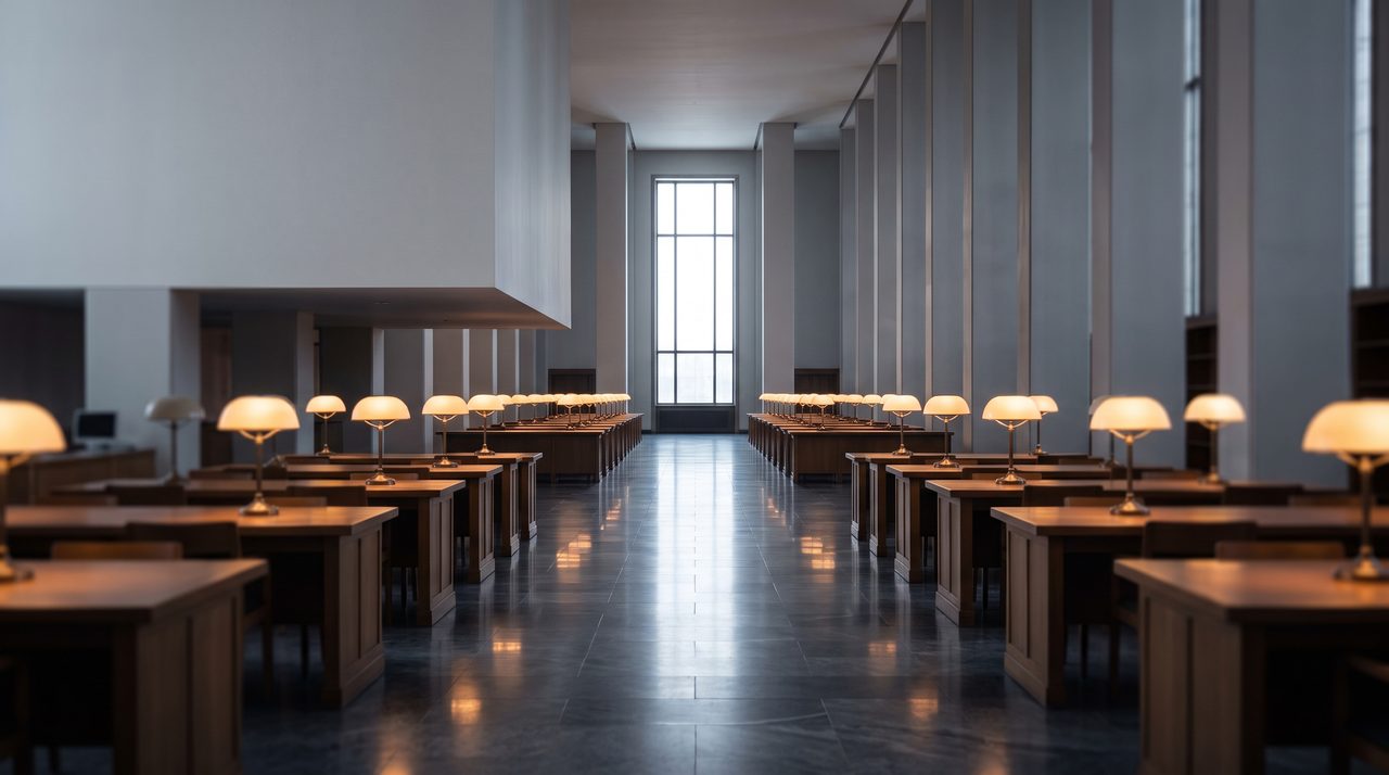 Imaginary empty banking hall at dawn with rows of lamp-lit desks leading to a bright window.