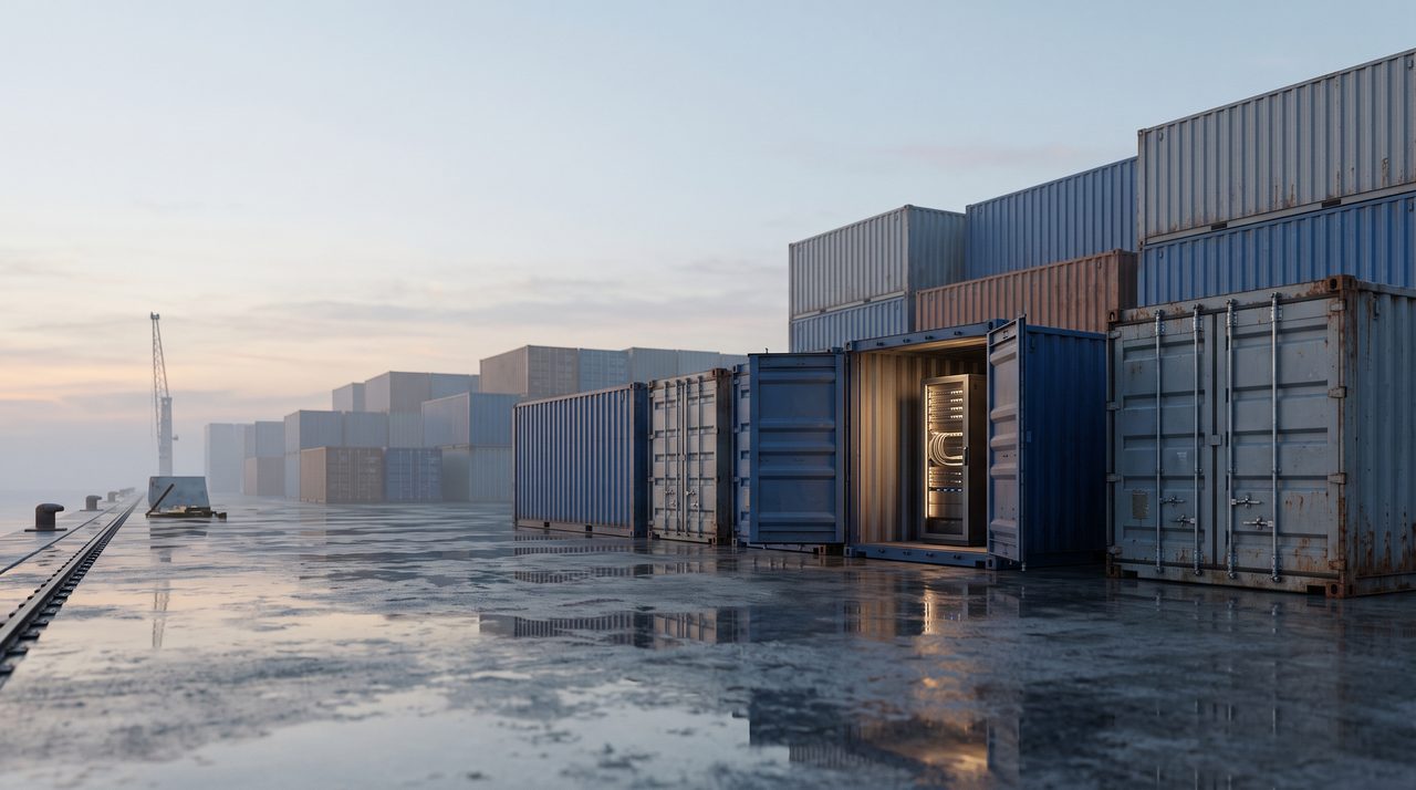 Imaginary harbour at dawn: stacked shipping containers, one open with a softly glowing server rack inside.