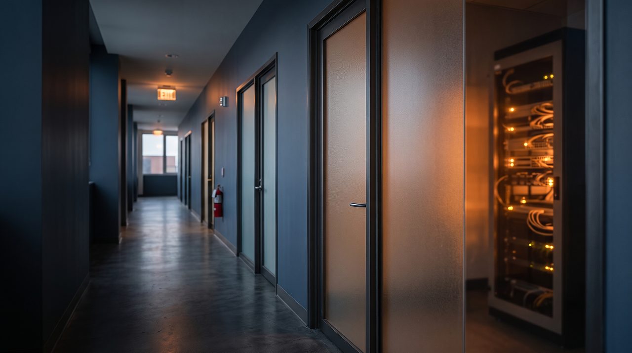 Imaginary scene: an empty corridor with a closed glass door and a softly lit server rack glowing beyond it.