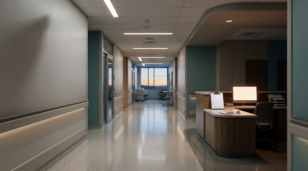 An empty, softly lit hospital corridor with one glowing monitor at a quiet nurses' station at dawn.