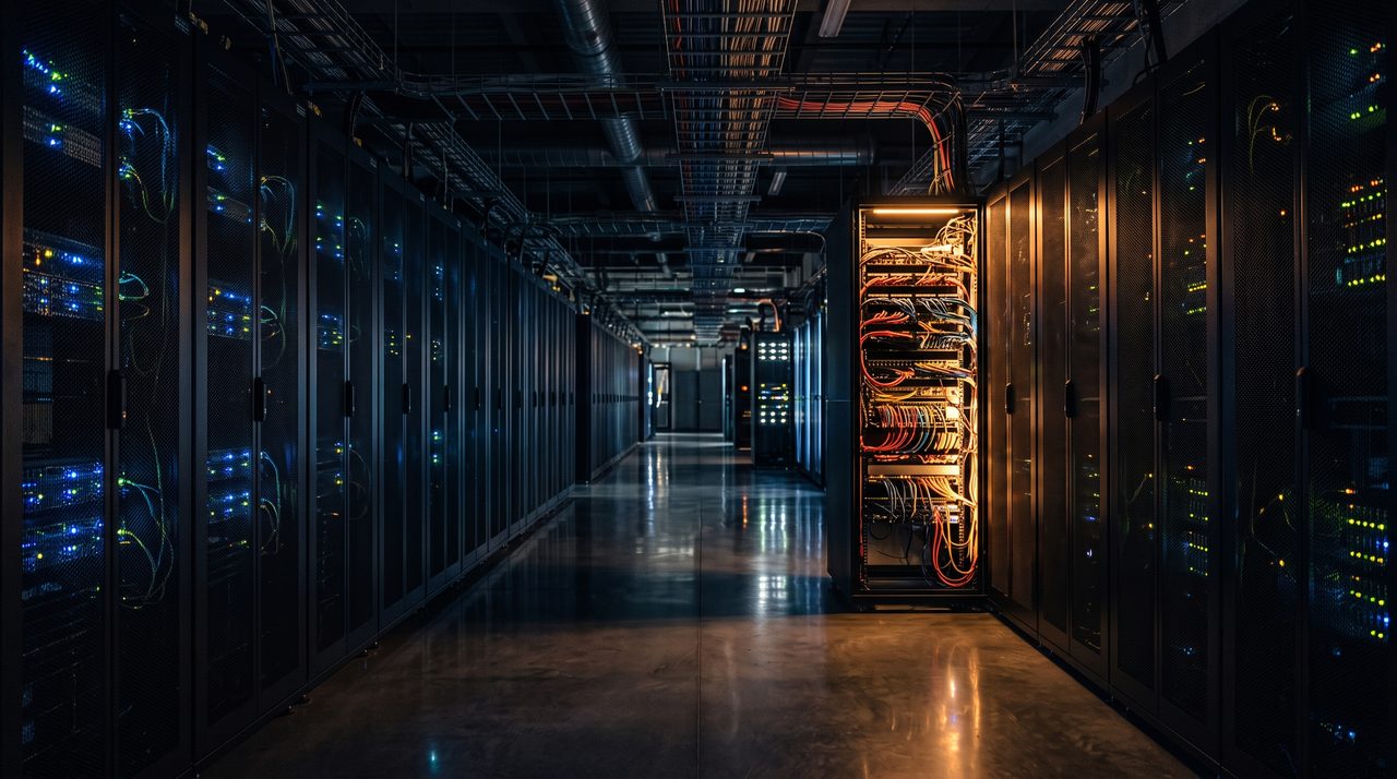 A dim server-room aisle with one rack glowing amber among rows of cool blue racks.