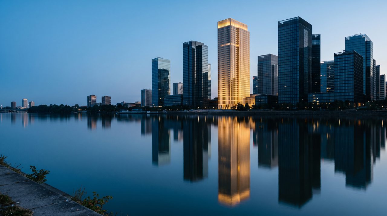 黄昏时分,玻璃幕墙城市天际线倒映在静水中,蓝色高楼里有一座亮着金色的楼。