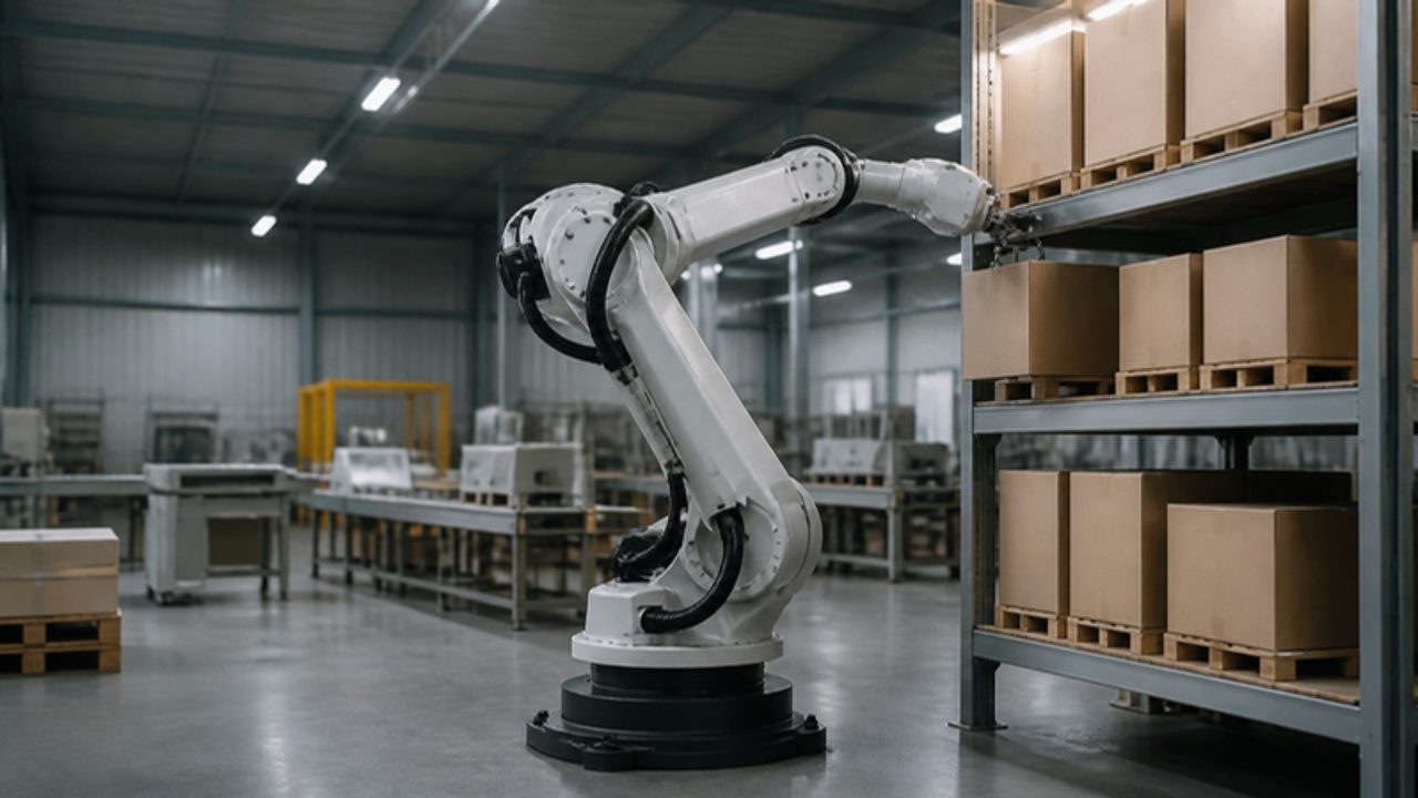 AI-generated illustration: a robot arm reaching for boxes on a shelf in an imaginary factory.