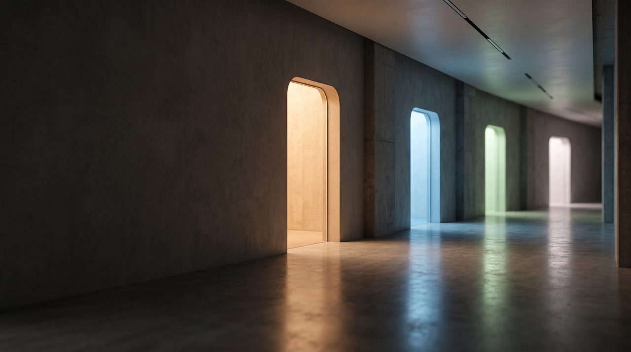 Imaginary scene: a dim corridor with four doorways, each glowing a different soft colour.